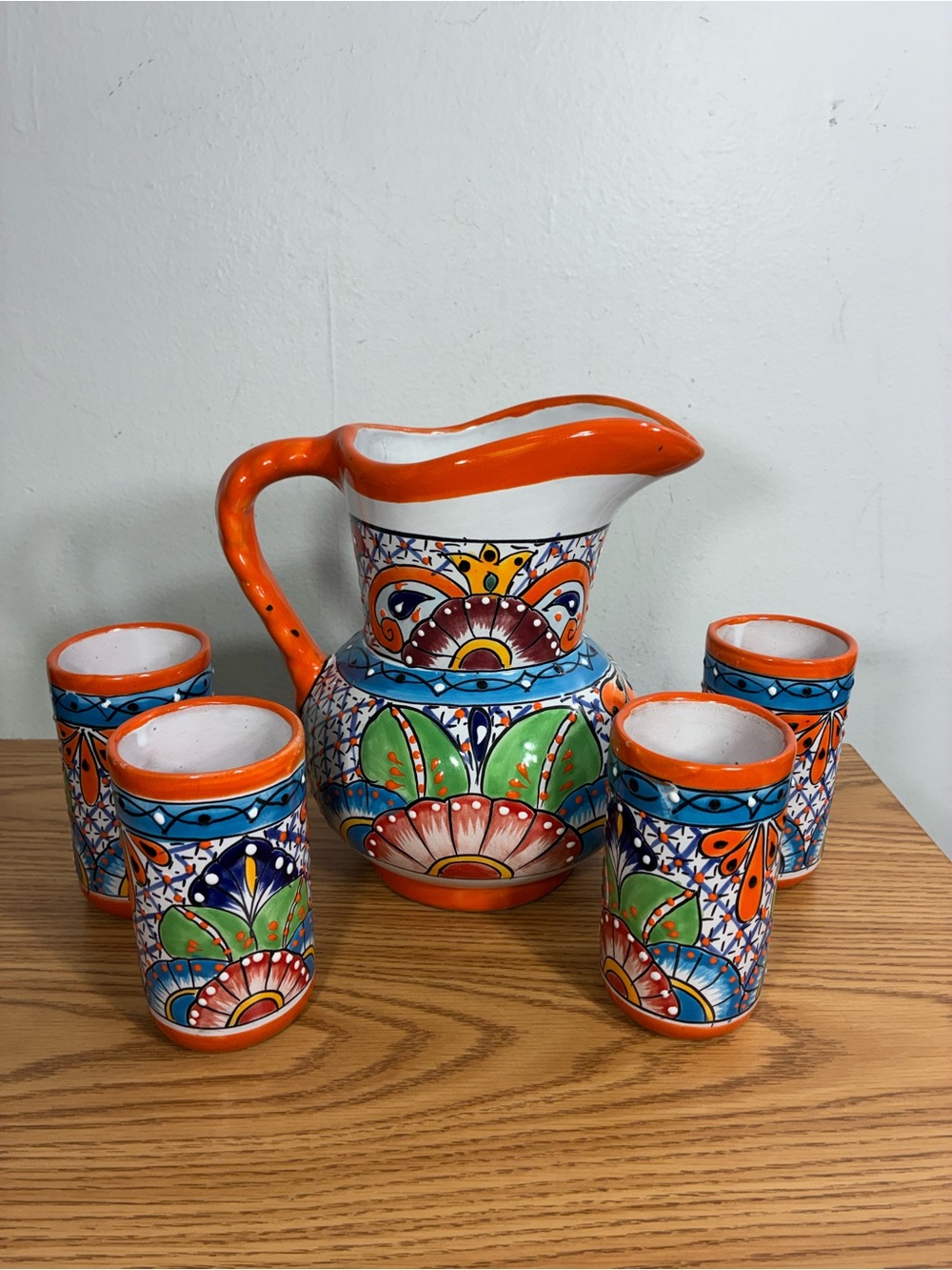 Talavera Hand-Painted Orange Floral Ceramic Pitcher and Tumbler Set